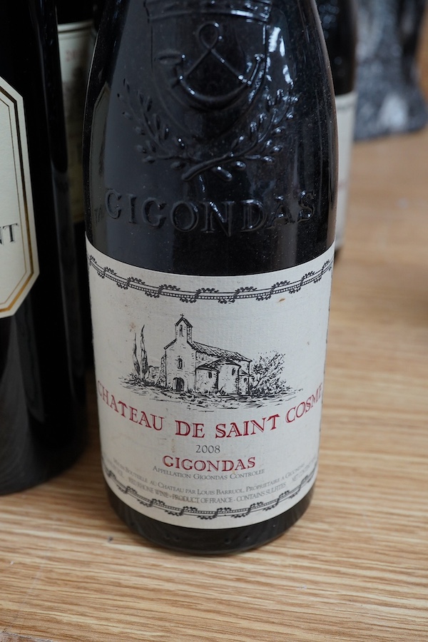 Six bottles of Chateau de Saint Cosme, 2008 Gigondas red wine, together with six bottles of 2011 Chateau Beaumont, Haut-Medoc red wine. Condition - storage unknown